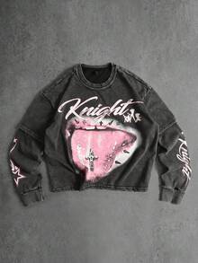 ROMWE MEN Street Life Áo thun nam tay dài hai lớp in họa tiết rách, dáng rộng - màu đen - Xem 1