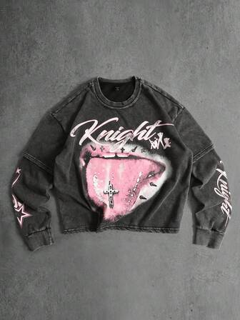 Street Life Maglietta a maniche lunghe da uomo con stampa e strato doppio, effetto vissuto, vestibilità morbida