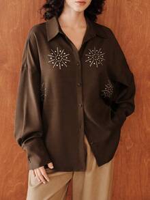 Zovinel Women's Minimalist Autumn Long-Sleeved Rhinestone Blouse - Coffee Brown - View 5