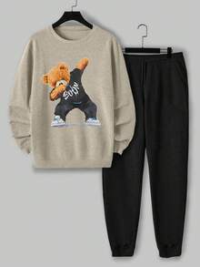 EURMUSE Men Bear Printed Regular Sweatshirt Set - Beige - View 1