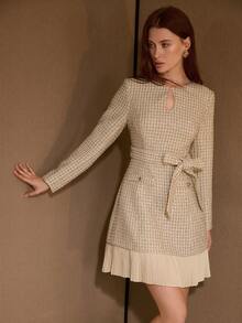 MOTF PREMIUM TWEED GLITTER KEYHOLE NECK CONTRAST PLEATED HEM BELTED SHORT DRESS - Gold - View 1