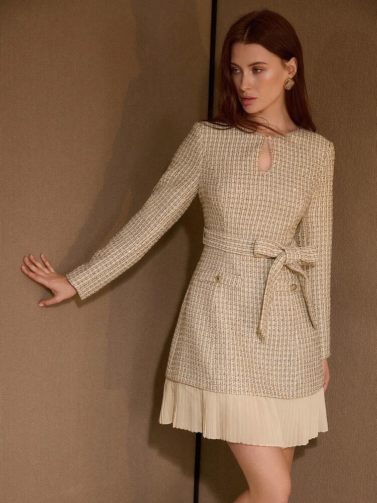 TWEED GLITTER KEYHOLE NECK CONTRAST PLEATED HEM BELTED SHORT DRESS