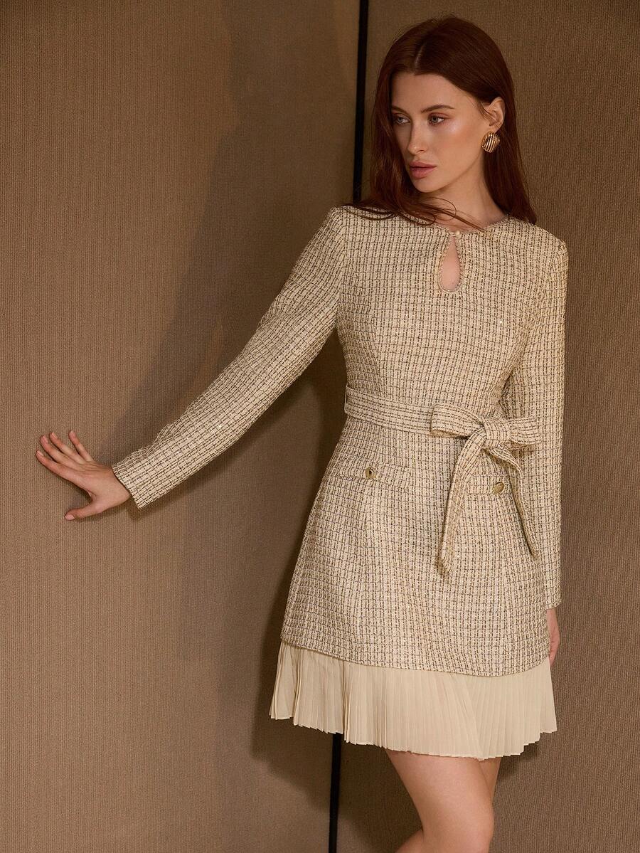 MOTF PREMIUM TWEED GLITTER KEYHOLE NECK CONTRAST PLEATED HEM BELTED SHORT DRESS - Gold - View 1