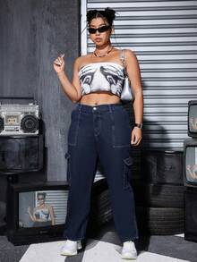 SHEIN Cottnline Plus Size Loose Casual Elastic Waist Washed Denim Cargo Pants - Dark Wash - View 3