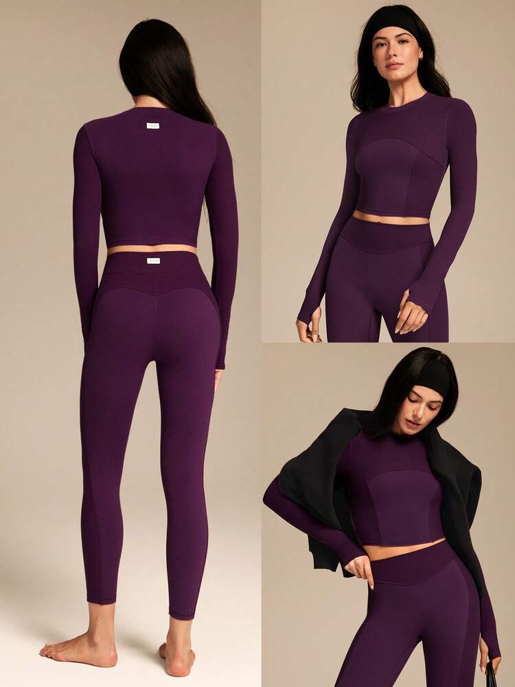 FeatherFit™ Soft Stretchy Ribbed Seam-Dividing Design Long-Sleeve Tee Top Low Impact Yoga Pilates Studio Daily Casual Wear Removable Cups  Spring Summer