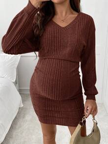 SHEIN Vestido casual de maternidade liso, cor sólida, decote em V, ombros caídos, mangas compridas e modelagem canelada. - Castanho - Ver 4