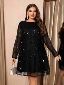 SHEIN Clasi 大码女式亮片拼接流苏网纱圆领长袖优雅连衣裙 - 黑色 - 查看 7