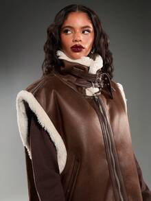 Normani Giacca di moda con inserti in pelliccia sintetica, trapuntata in pile, imbottita, con rivestimento  e fodera in borg - Castano - Visualizzare 8