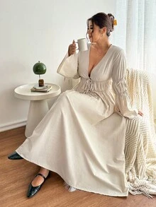 Lounesse 大码女式长袖连衣裙，杏色，休闲日常穿着，时尚度假通勤连衣裙，全新秋冬系列 - 杏色 - 查看 6