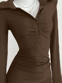 Elamini 1pc Women's Black Knitted Elastic Fabric Shirt Collar Dress, Button Front Closure, Ruched, Casual Everyday Wear, Autumn - Brown - View 6