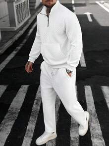 Manfinity Homme Casual Knit Small Checkered Pants With Tie-Front Sweatshirt Set Sporty Business Two Pieces Knitted Set Casual Two Pieces Set Men Track Suit White 2 Pieces Outfits White Men White 2 Pieces Pants Set - White - View 7