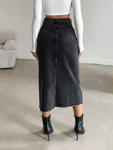 SHEIN PETITE Petite High Waist Front Slit Denim Skirt - Black - View 2