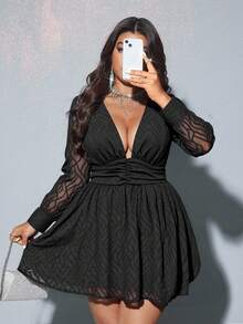 Viva Relle Party Christmas Plus Size Women Solid Color Waist Cinched Fitted Casual Elegant Long Sleeve Slim Fit Party Mini Dress - Black - View 5