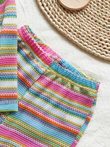 Vintaside Kids 2pcs/Set Vintage Floral Rainbow Striped Crochet Decor Long Sleeve Top And Elastic Waist Flare Pants, Lace Trim, Casual Fashion Outfit For Young Girls, Suitable For Spring, Autumn And Winter - Multicolor - View 7