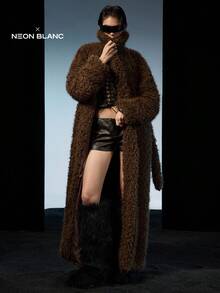 LYSMO 2025新款极简主义冬季女式棕色纯色时尚长款休闲街头仿皮草外套，新年造型及圣诞派对装扮，新年感恩节时尚之选 - 米色 - 查看 8