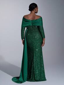 Glamrae Vestido de noche formal de lujo con hombros descubiertos, cuello romántico verde, decoración de diamantes, mangas largas, lentejuelas, abertura alta y bajo de sirena con drapeado lateral para tallas grandes