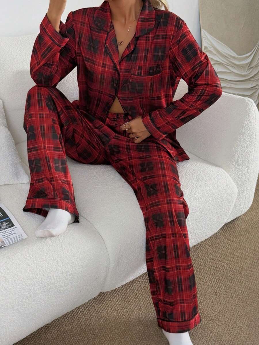 SHEIN Red Plaid Print Long Sleeve Top & Pants Pajama Set, Fall Winter Clothes - Multicolor - View 1