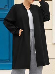 EMERY ROSE 大码女式休闲纯色拉链长夹克 - 黑色 - 查看 4