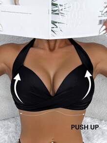 Swim Basics Vacation Beach Sexy Solid Color Gathered Halter Swimsuit Top