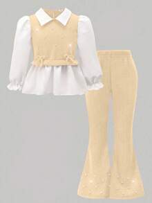 女童休闲衬衫套装，卡其色蝴蝶结设计，串珠针织罗纹面料，拼布梭织面料，白色长袖荷叶边下摆衬衫上衣搭配卡其色珍珠喇叭裤，2 件套，适合返校季，休闲、时尚、甜美、舒适的户外旅行装 - 杏色 - 查看 3