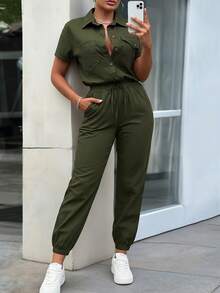 SHEIN PETITE Women's Elegant Button Decor Pocket Loose Fit Cinched Waist Jumpsuit, Spring/Summer - Army Green - View 3