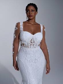 Elitara 加大码优雅奢华米色刺绣蕾丝透视长袖美人鱼裙，带拖尾，性感露背，适合婚礼、活动、派对、蜜月 - 白色 - 查看 6