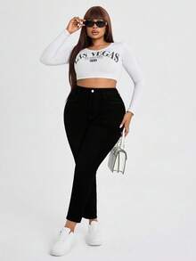 SHEIN SXY 大码休闲纯色修身牛仔裤 - 黑色 - 查看 5