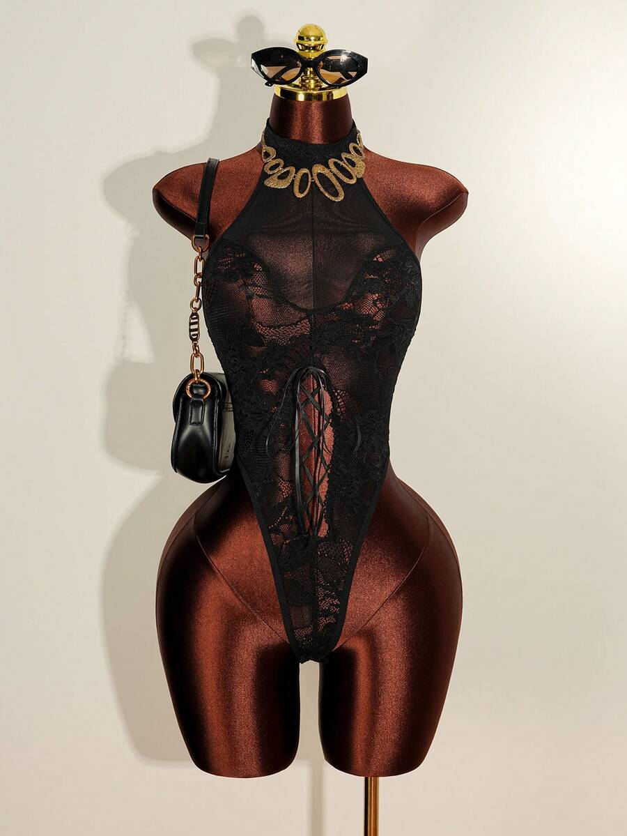 SHEIN DivaQ 女士性感蕾丝绷带连体衣 - 黑色 - 查看 1