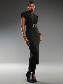 Normani Damen einfarbiges V-Ausschnitt Dolman Ärmel figurbetontes Midi-Kleid, eleganter minimalistischer schwarzer langer Rock mit breiten Schultern und tiefem V-Ausschnitt, sexy elegant, einfach und vielseitig für den Arbeitsweg, schlanke elegante Urlaubsoutfits für Frauen, Sommerkleider für Damen, Abschlussfeierkleider - Schwarz - Übersicht 5