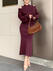 DAZY Ensemble 2 pièces élégant pour femmes composé d'un pull à manches longues de couleur unie et d'une robe moulante en tricot avec col montant sans manches et ourlet sirène