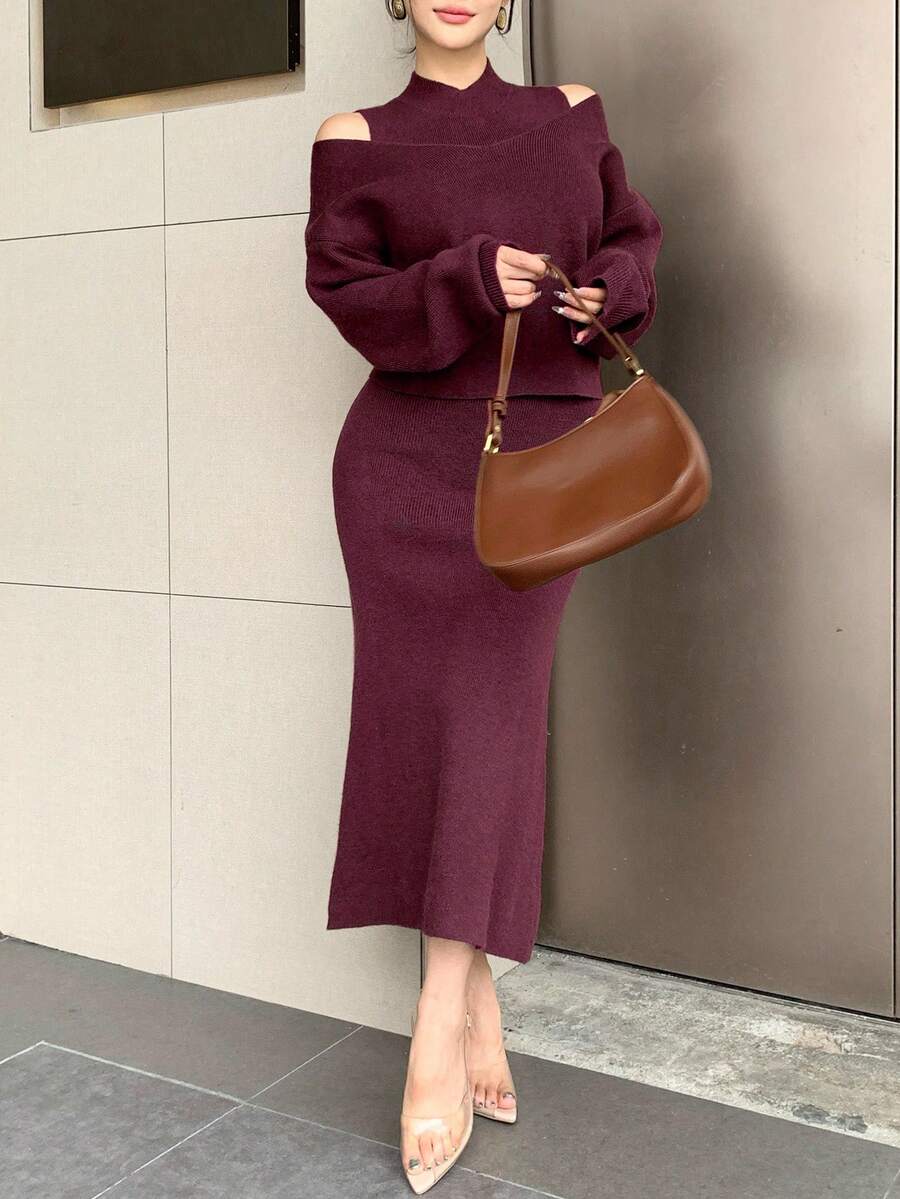 DAZY Ensemble 2 pièces élégant pour femmes composé d'un pull à manches longues de couleur unie et d'une robe moulante en tricot avec col montant sans manches et ourlet sirène