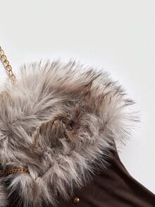 ROMWE J-Fashion 涩谷女孩 Y2K 复古音乐节拼接毛边金属链条吊带背心和超低腰迷你裙两件套 - 棕色 - 查看 4