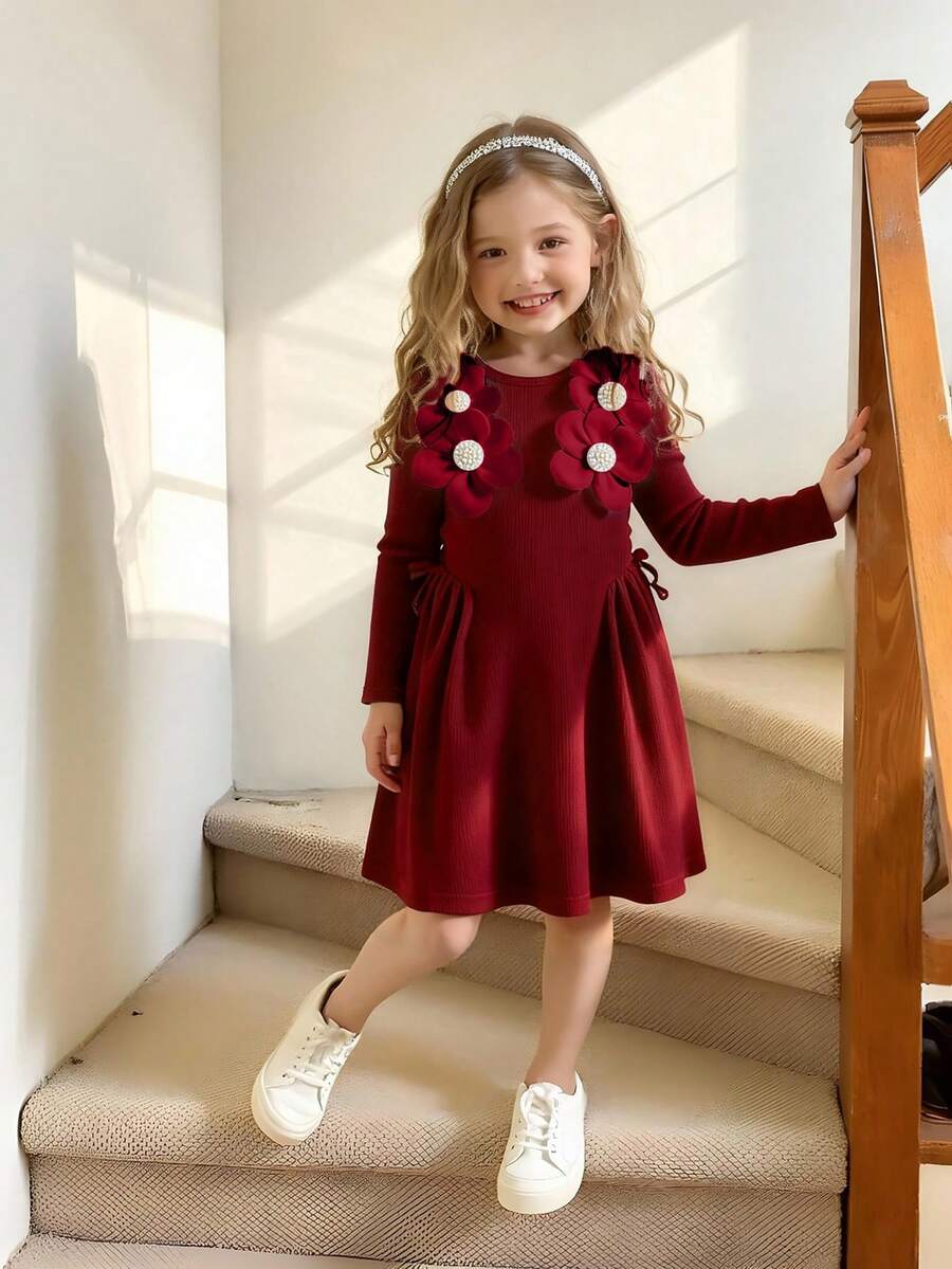 Elladie kids 少女优雅简约圆领插肩袖高腰修身短款纯色罗纹面料3D花卉设计返校蝴蝶结装饰连衣裙,适合所有季节 - 酒紅色 - 查看 1