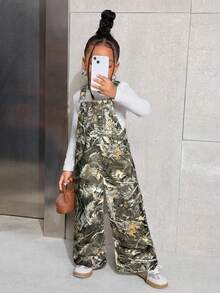 SHEIN Young Girl Sleeveless Loose Fit All-Over Print Denim Jumpsuit - Multicolor - View 6