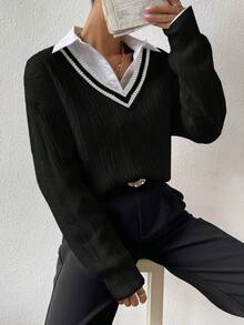 Chiquease Contrast Color V-Neck Drop Shoulder Long Sleeve Cable Knit Pullover Sweater - Black - View 3