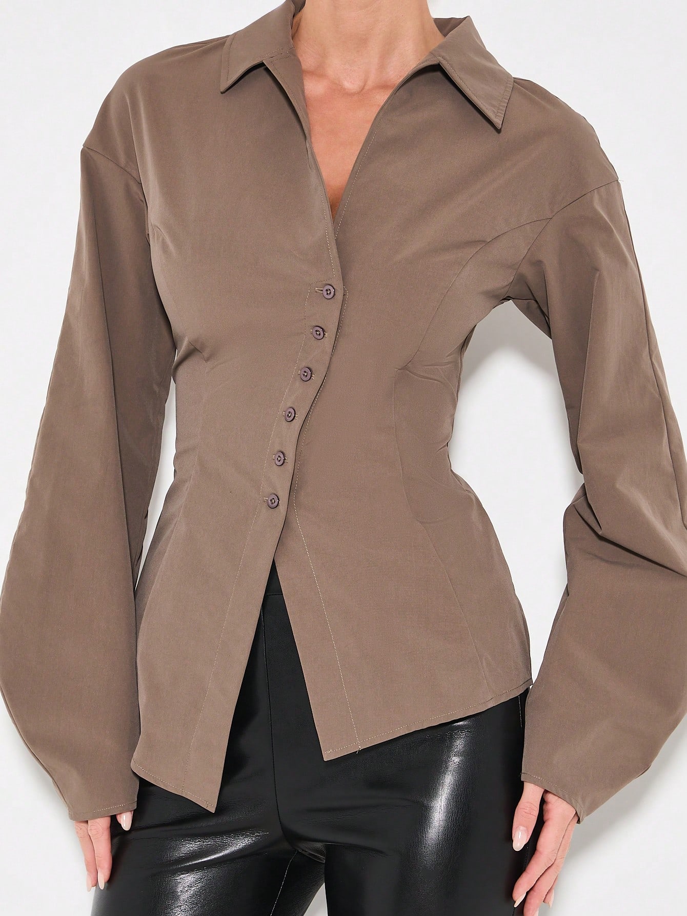 KIZN Poplin Button Down Blouse With Puff Sleeves