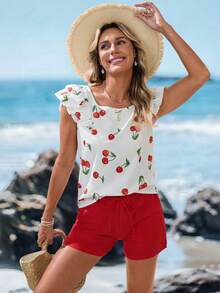 Sylviya 女士休闲可爱樱桃蝴蝶结后背荷叶边盖袖衬衫，适合日常、度假、春夏季外出穿着