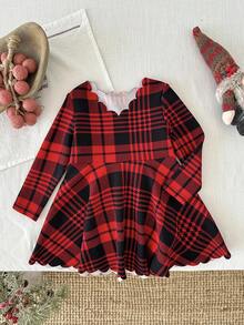 LMoss Kids LMoss 女婴针织格子休闲连衣裙，圣诞连衣裙，女婴圣诞服装，红色连衣裙，长袖连衣裙，冬季连衣裙，秋季连衣裙，舒适的秋冬款式 - 紅色 - 查看 4