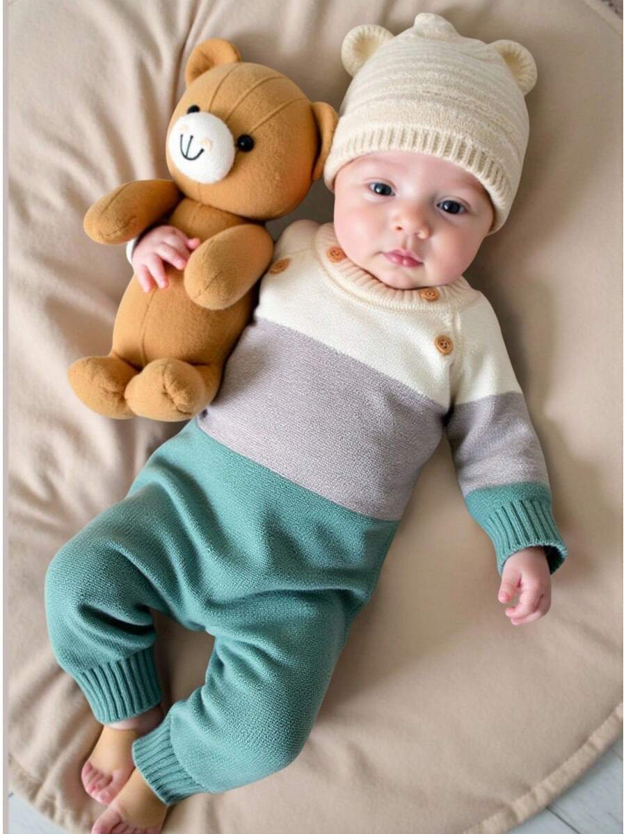 SHEIN Bộ đồ liền thân dệt kim dài tay phối màu thời trang cho bé trai sơ sinh/trẻ mới biết đi, mềm mại và thoải mái, phù hợp cho mùa xuân/thu, hàng ngày, đi chơi, du lịch, nghỉ dưỡng, ở nhà, nhà trẻ và vui chơi - màu xanh lá - Xem 1