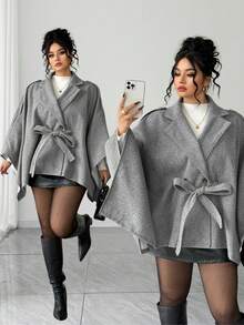 Elenzga Plus Size Asymmetrical Hem Double-Breasted Waist Woolen Coat - Grey - View 7