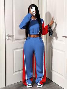 SHEIN BamGlam Women's Contrast Color Patchwork Crew Neck Long Sleeve Cropped Casual Sweatshirt