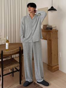 DAZY Men's Autumn Casual Elastic Waist Shirt And Pants Pajama Set - Grey - View 8