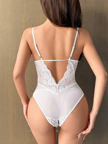 DAZY Weißer Spitzen-Kontrast-Mesh-Rückenfreier, sexy Bodysuit für Ausgehen - Weiss - Übersicht 2