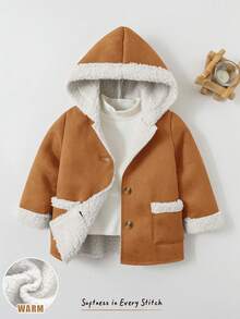 Cozy Pixies Chaqueta con capucha de contraste de manga larga forrada térmicamente de gamuza para bebé niña, casual y versátil en otoño/invierno - Caqui - Ver 10