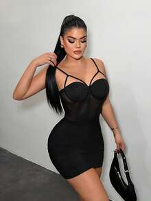 SHEIN SXY Schwarzes Mesh sexy Bustier Bodycon Kleid - Schwarz - Übersicht 8