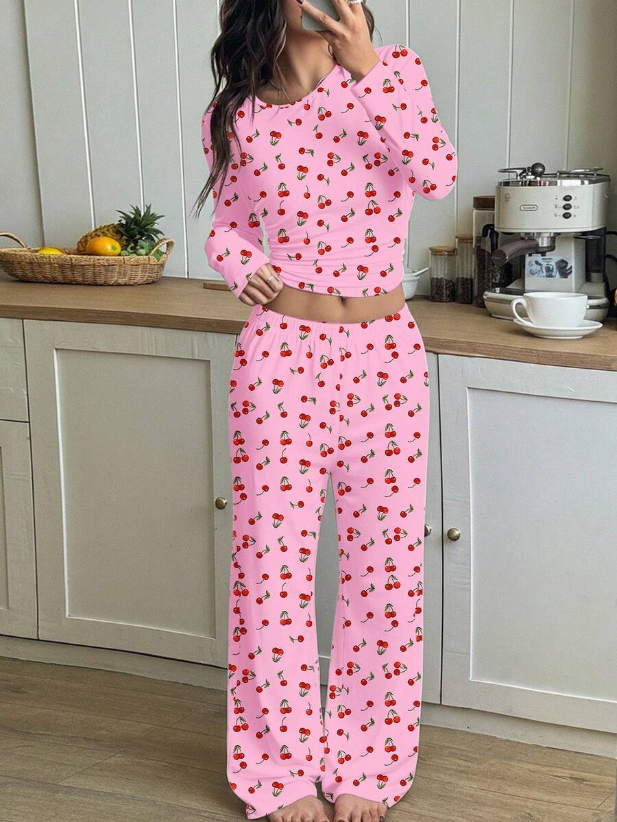 SHEIN Leap Crew 2件套少女复古甜美可爱迷你樱桃印花圆领插肩袖T恤和宽松休闲裤睡衣套装,秋冬款 - 彩色 - 查看 1