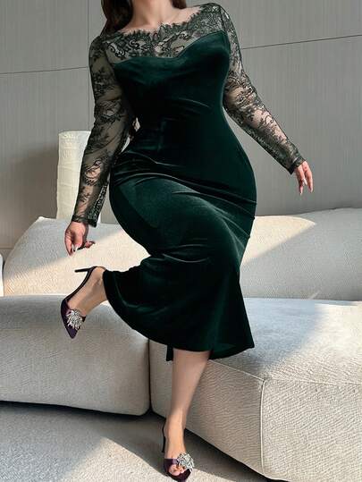 Dazy Plus Plusstorlek damklänning i sammet med kontrasterande spets, bodycon-partyklänning, sexig och stretchig för dejter, eleganta damklänningar, balklänning