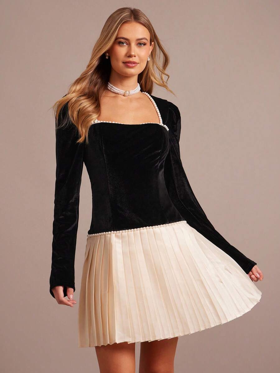 Enchnt 女式撞色方领仿珍珠装饰长袖褶边优雅短款连衣裙 - 黑與白 - 查看 1