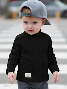 Baby Boy/Girl Basic High Neck High Elasticity Ribbed Brushed Thermal Fitted Long Sleeve Top, Suitable For Winter Layering - Black - View 9