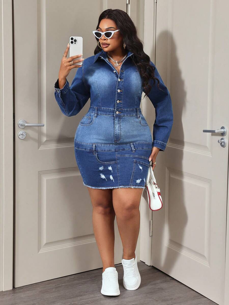 Slaydiva Plus Size Cowgirl Style Blue Stretch Sexy Fitted Spring Dress For Women - Dark Wash - View 1